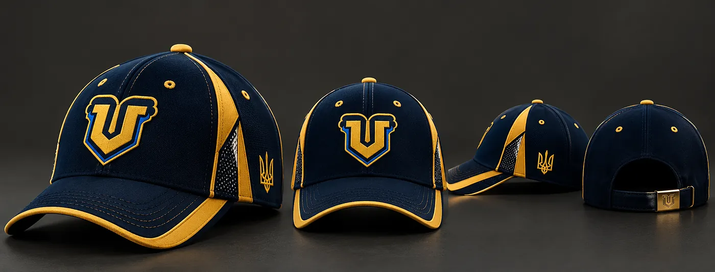 Cap shown from a three-quarter view, the front, the side and the back