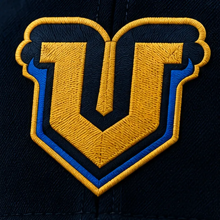 Close-up of the embroidered gold and blue U emblem on the cap front