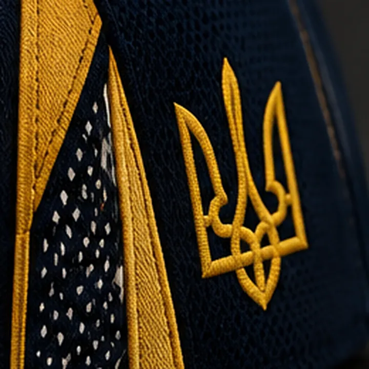 Mesh side panel and embroidered gold trident on the cap