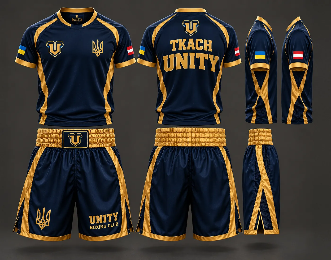 Fight kit jersey and shorts shown from the front, the back and both sides