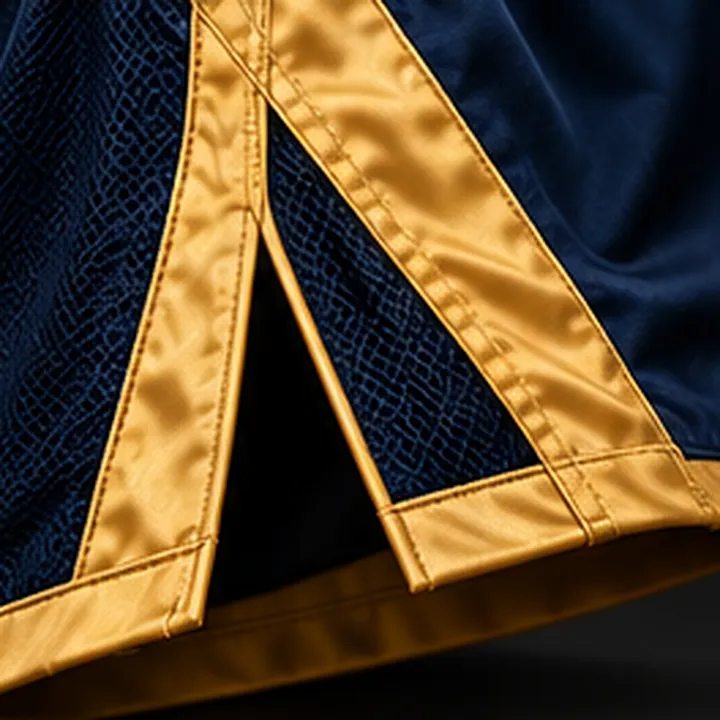 Side slit of the shorts with gold satin trim and mesh panel