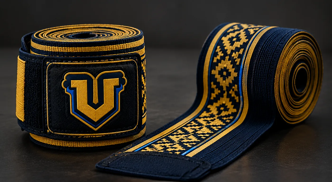 Two navy and gold hand wraps, one rolled with the U emblem patch and one unrolled to show the gold diamond pattern