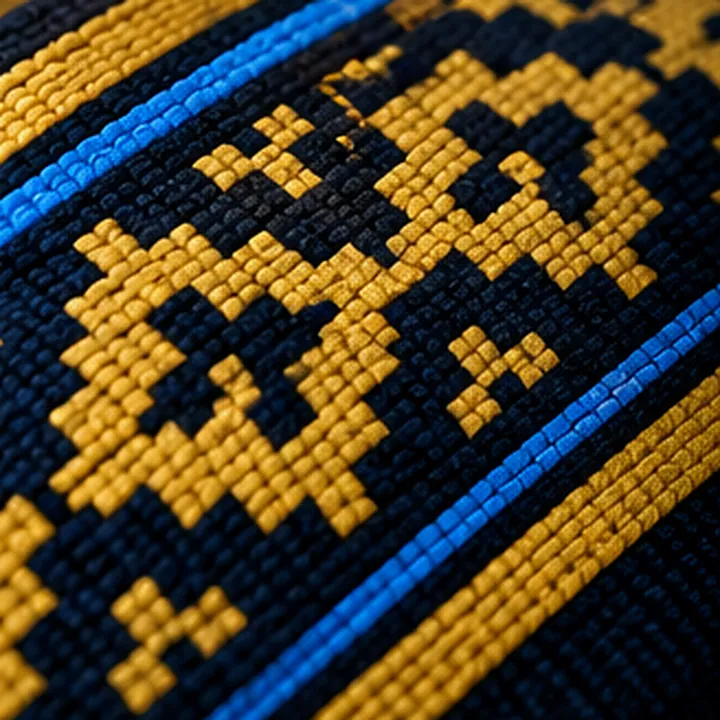 Close-up of the woven gold geometric pattern with blue and gold edge stripes