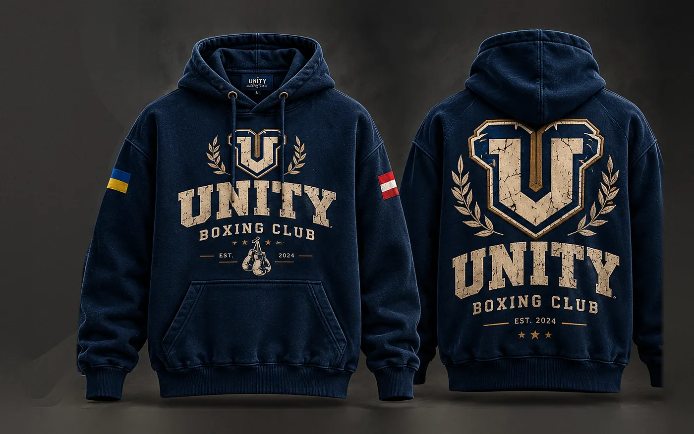 Heritage hoodie front with the UNITY BOXING CLUB print and back with a large U crest