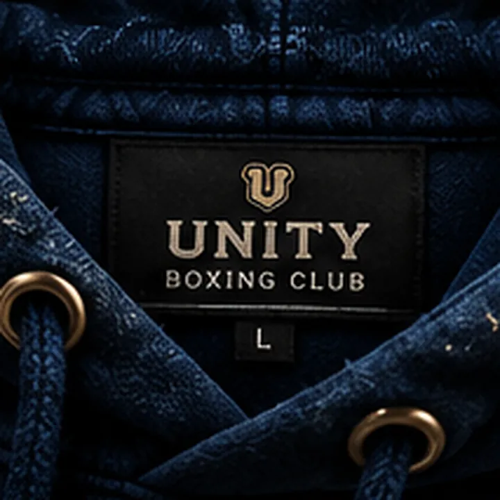 Woven UNITY BOXING CLUB neck label with metal eyelets