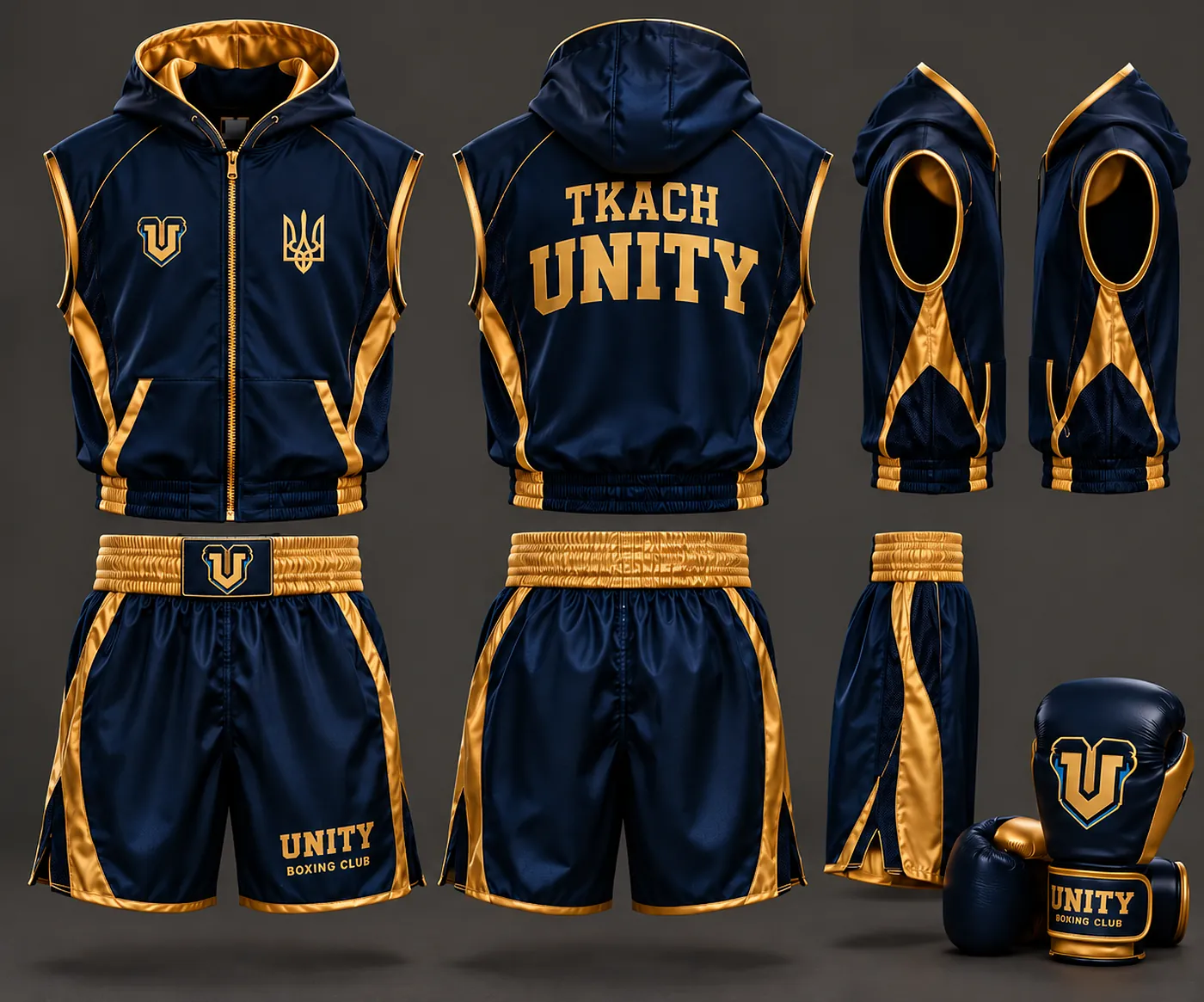 Ring walk vest and shorts from the front, the back and both sides, shown with matching navy and gold gloves