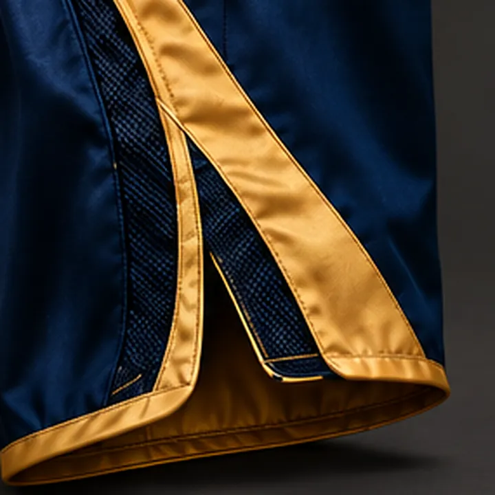 Side slit of the satin shorts with gold trim and mesh panel