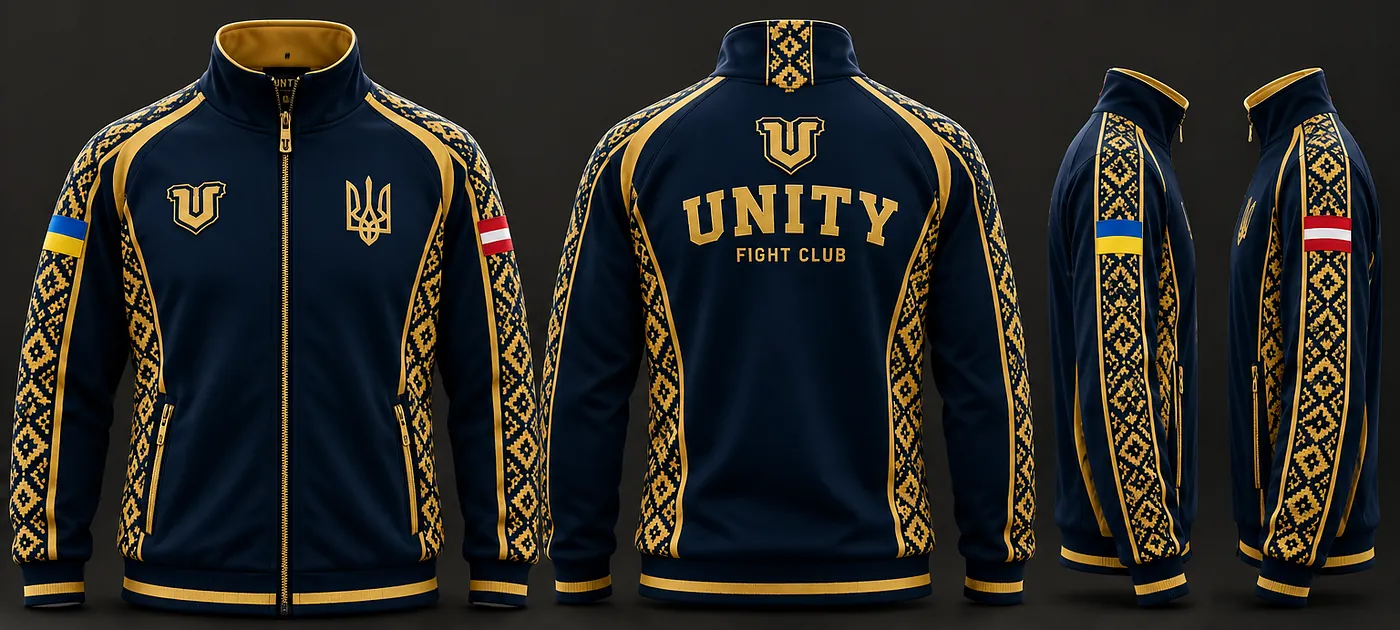 Track jacket shown from the front, the back and both sides