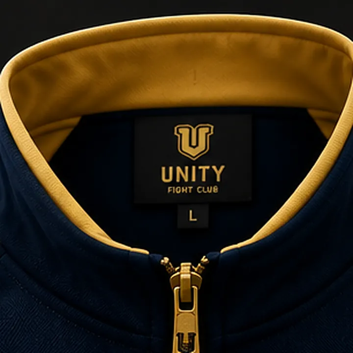 Gold-lined stand collar with a UNITY FIGHT CLUB size label and branded zip puller