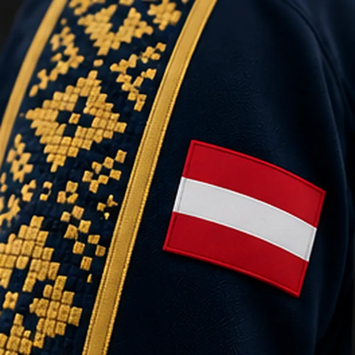 Austrian flag patch next to the pattern band and gold piping on the sleeve