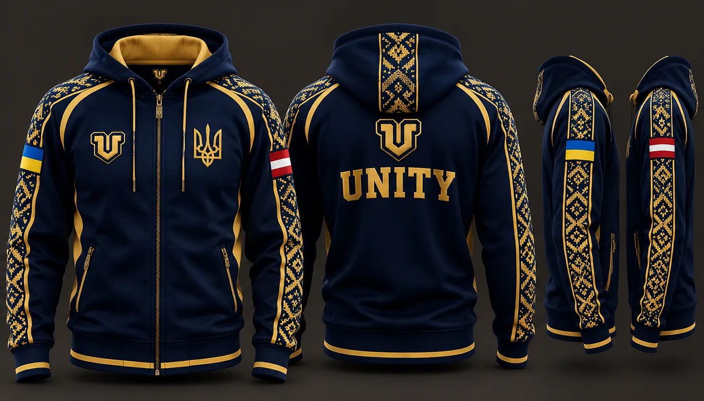 Zip hoodie shown from the front, the back with UNITY in gold, and both sides