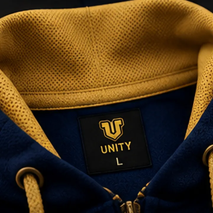 Gold-lined hood with a woven UNITY size label and drawcords