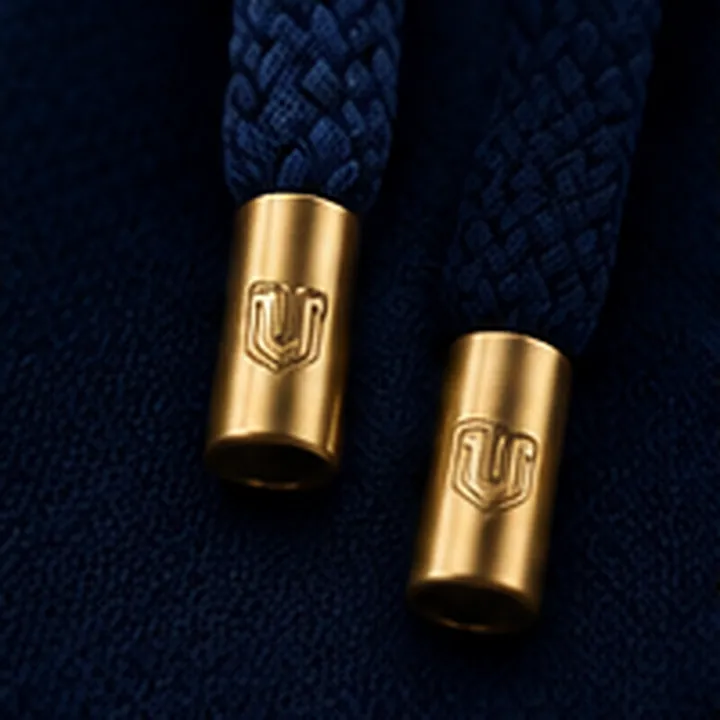 Metal drawcord tips engraved with the U emblem