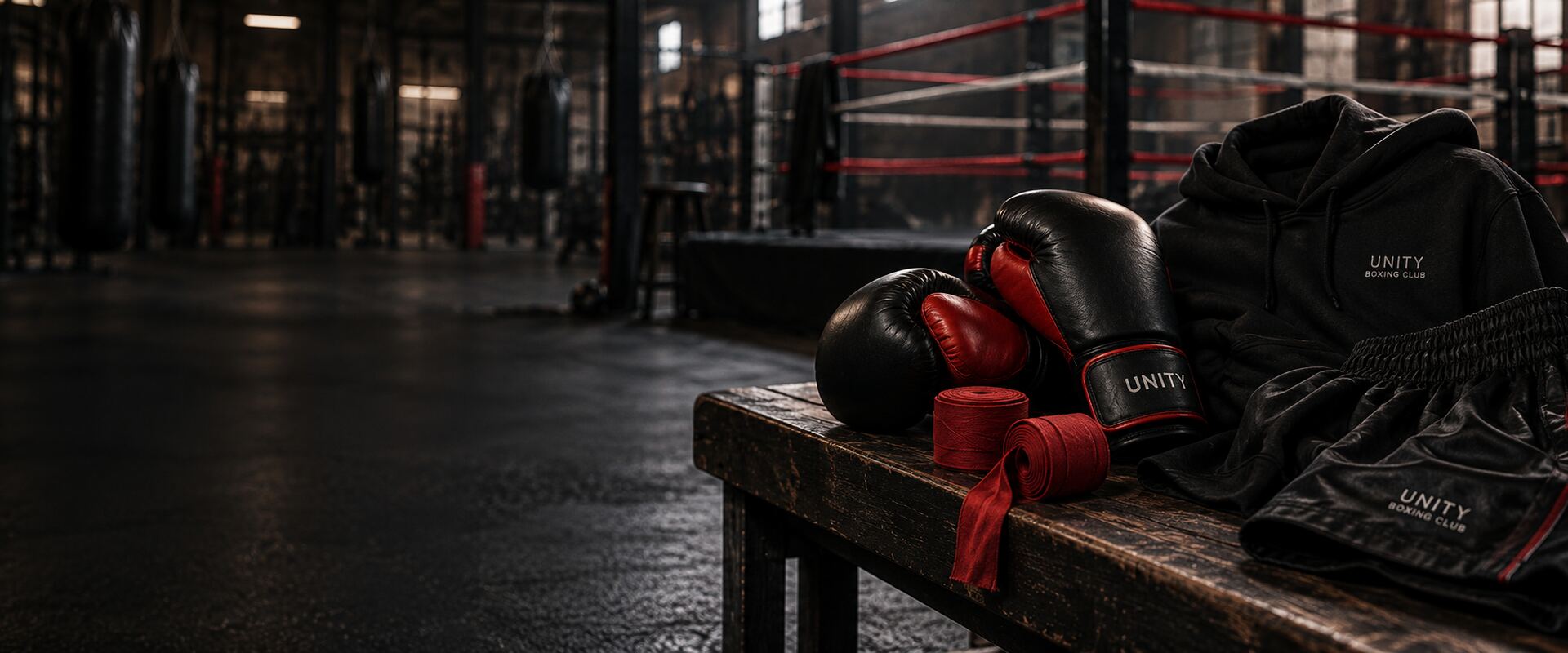 Black and red boxing gloves, red hand wraps and club training kit on a wooden bench beside a boxing ring